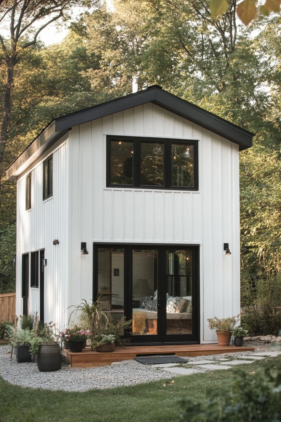 Compact two-story house with black accents in lush green setting