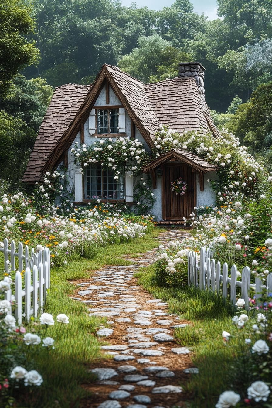 Whimsical cottage with roses and picket fence