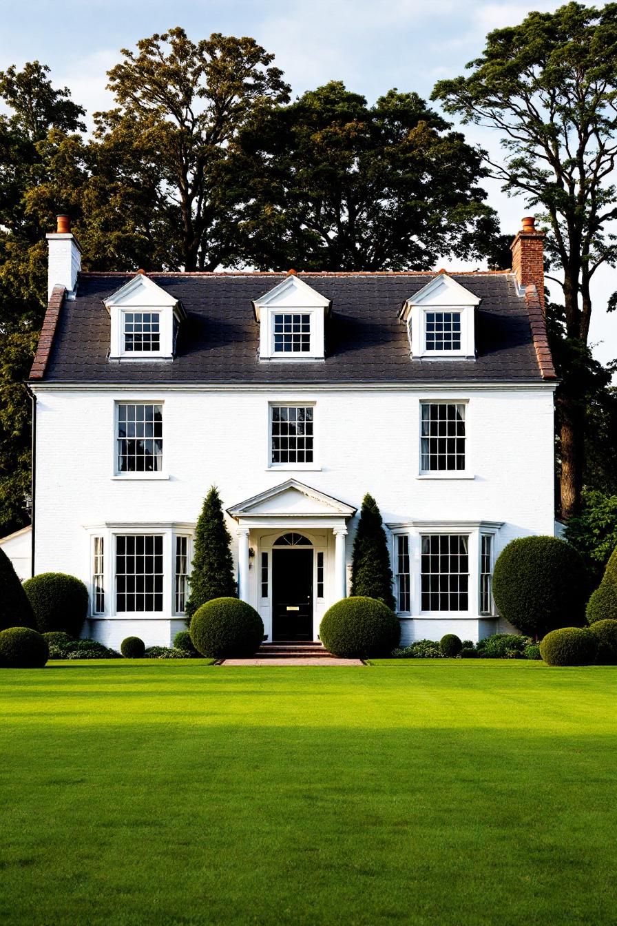 Elegant white Georgian house with large windows and manicured lawns