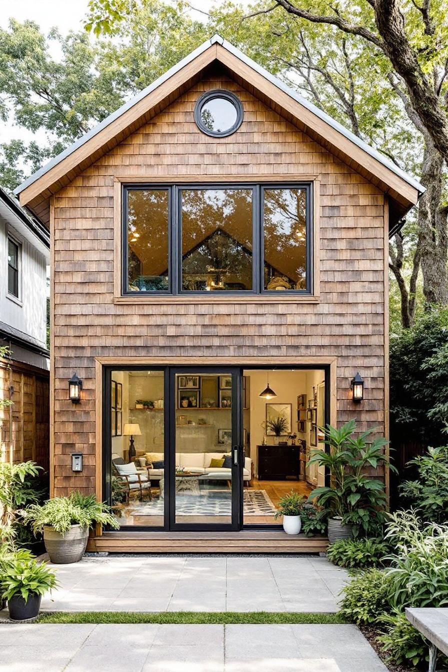 Two-story shed house with a large front window and glass doors