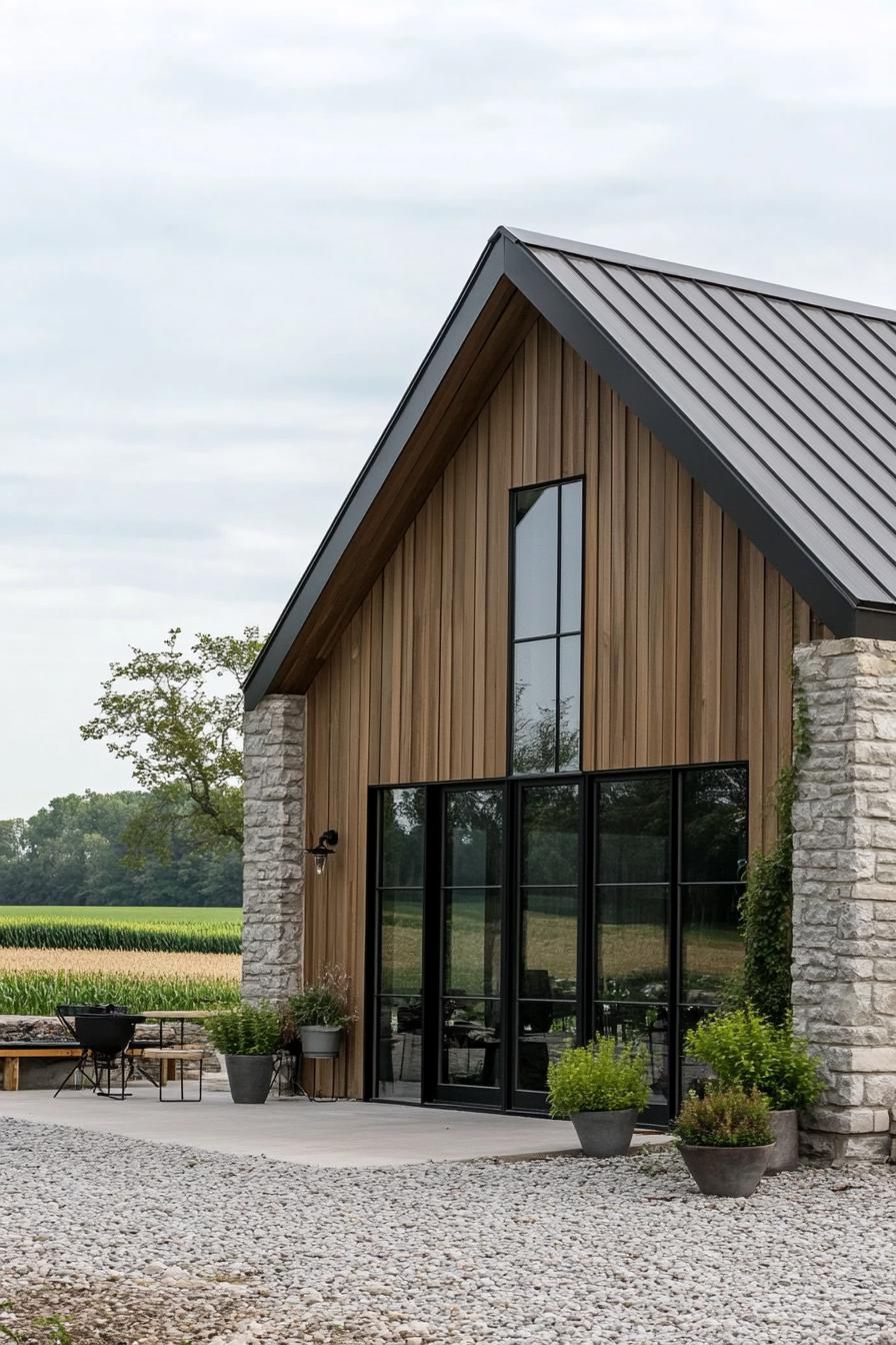 Barn-style home with wood, stone, and metal features