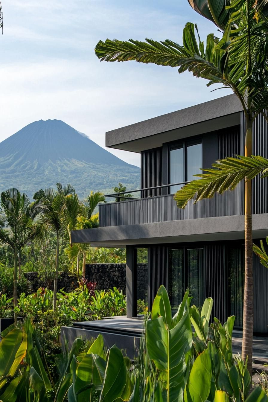 modern villa with gray timber cladding and colonial features tropical landscape with tall palms majestic volcano in the background