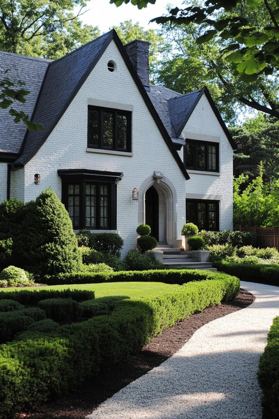 Classic Tudor house with lush landscaping