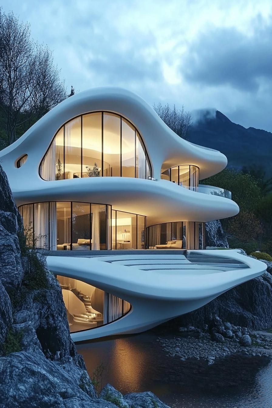 Futuristic home with smooth curves and glass walls perched on a rocky hill