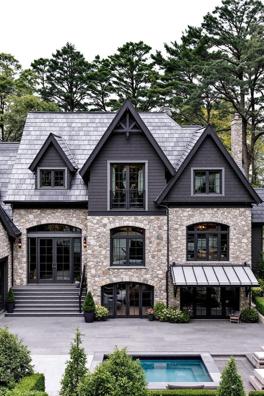 Elegant stone house with peaked roofs surrounded by trees