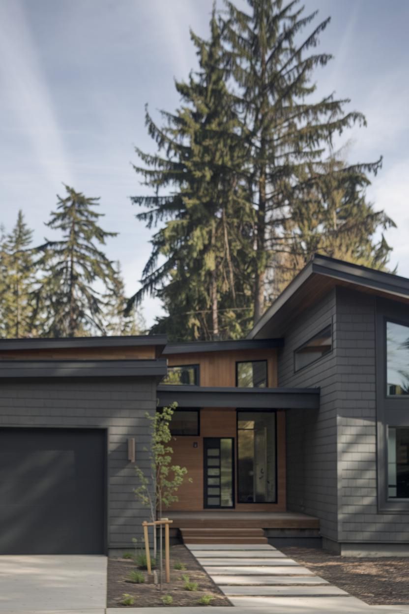 A modern garage house with sleek dark siding and large windows