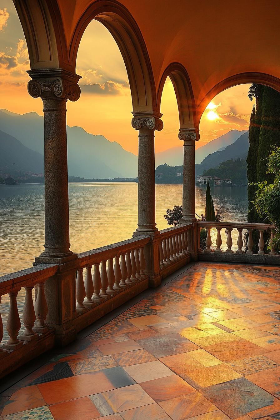 terrace of an italian villa with arches and tiled floor stunning view of large lake surrounded by mountains during sunset