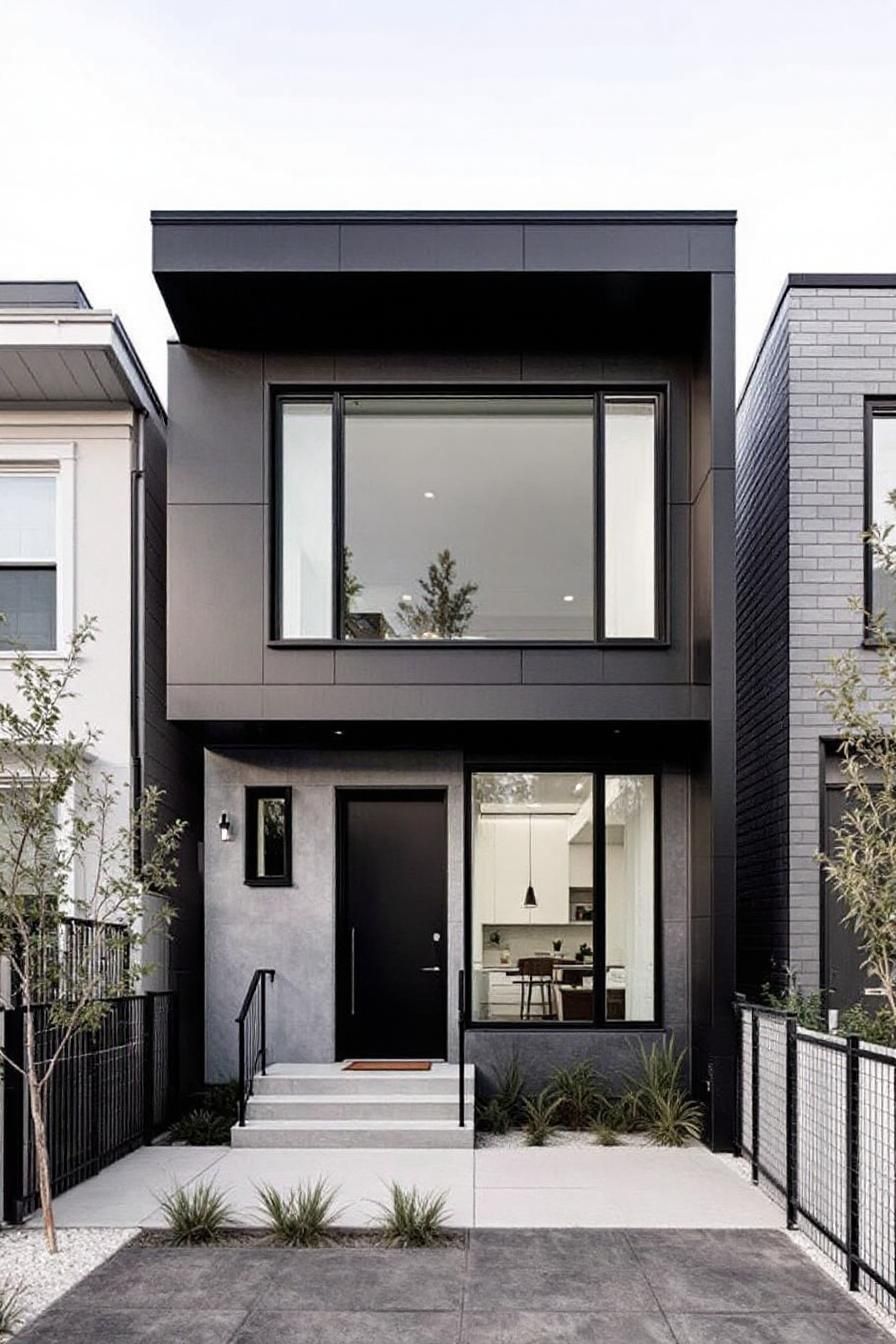 Contemporary townhome exterior with large windows and minimal landscaping