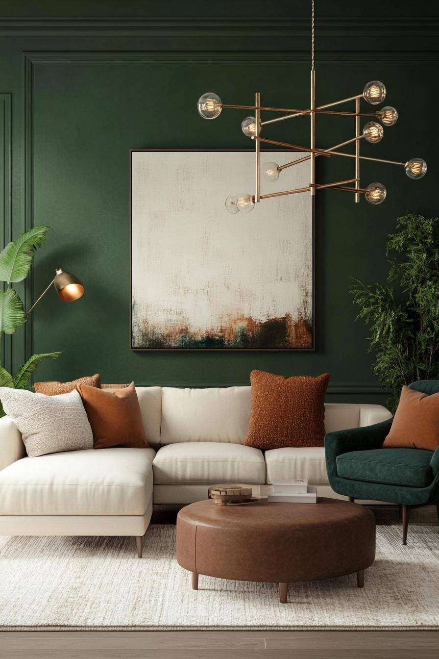 Mid-century modern living room with green walls and abstract art