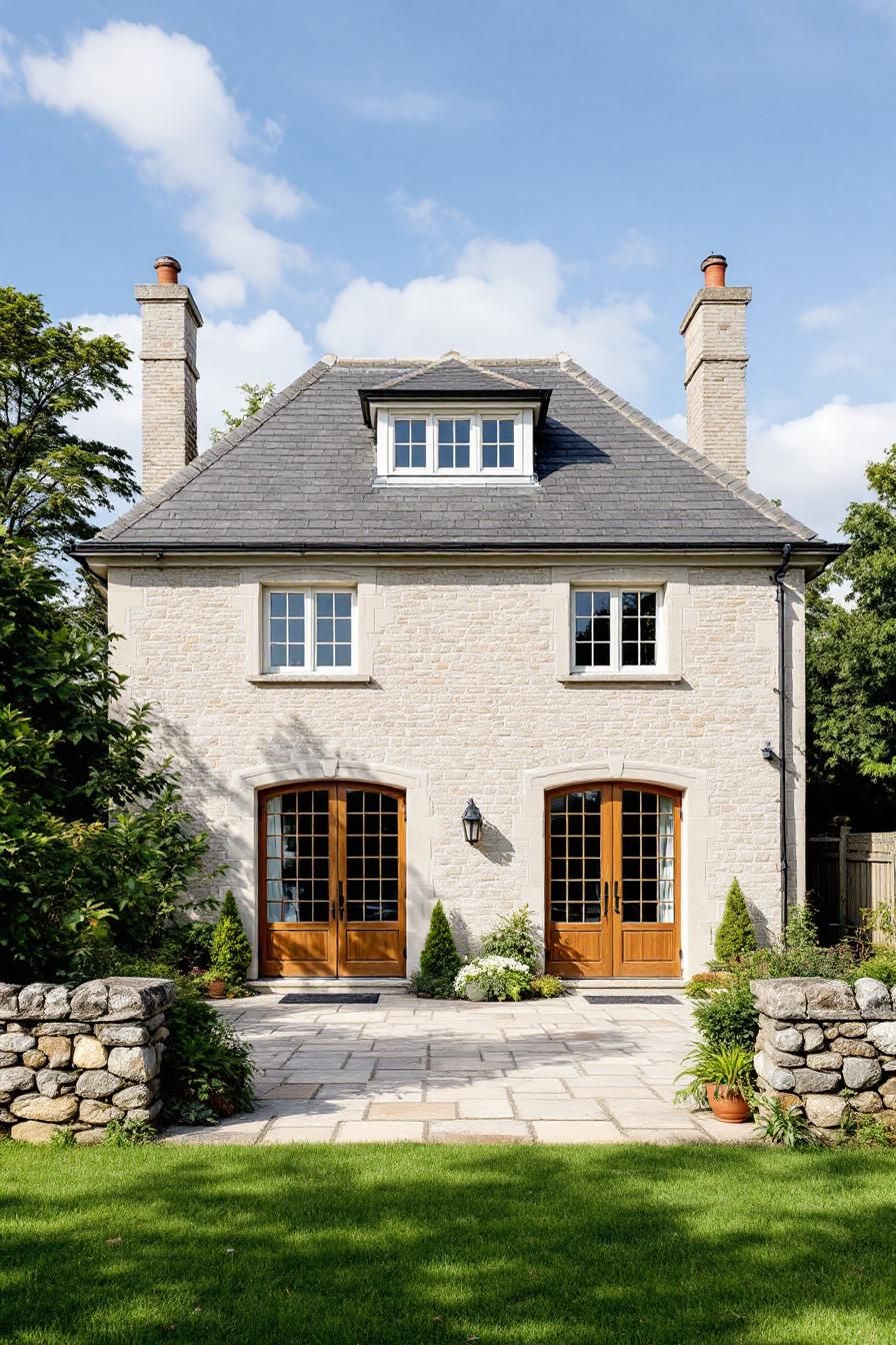 Stone cottage with wooden doors and a lush garden