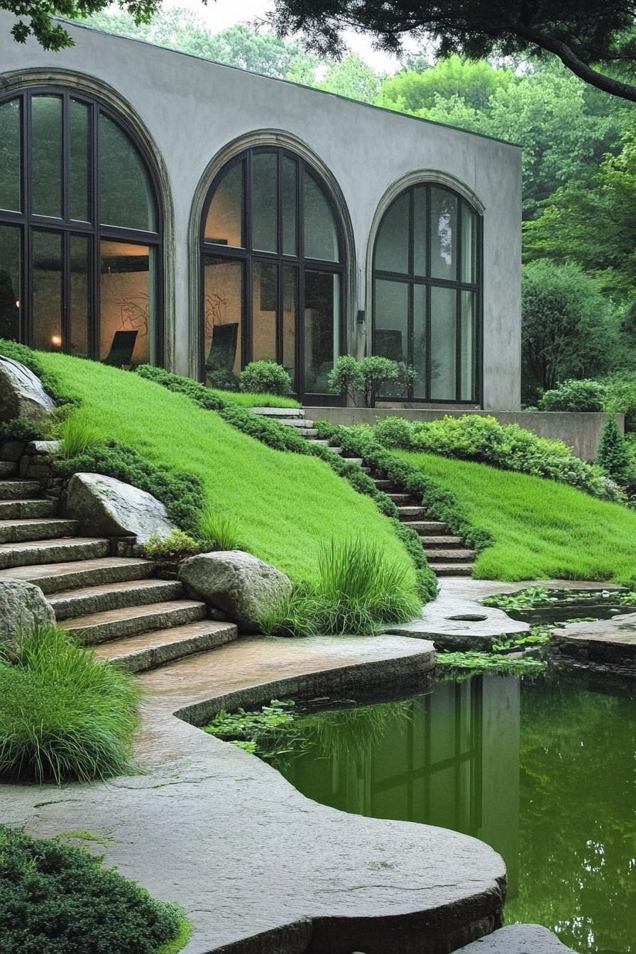 green zen yard with a pond green hilly landscape green rocks green concrete steps green color house wall with tall arched windows