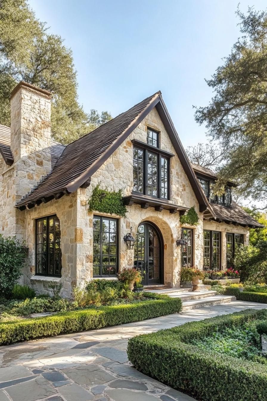 Stone cottage with lush garden and large windows