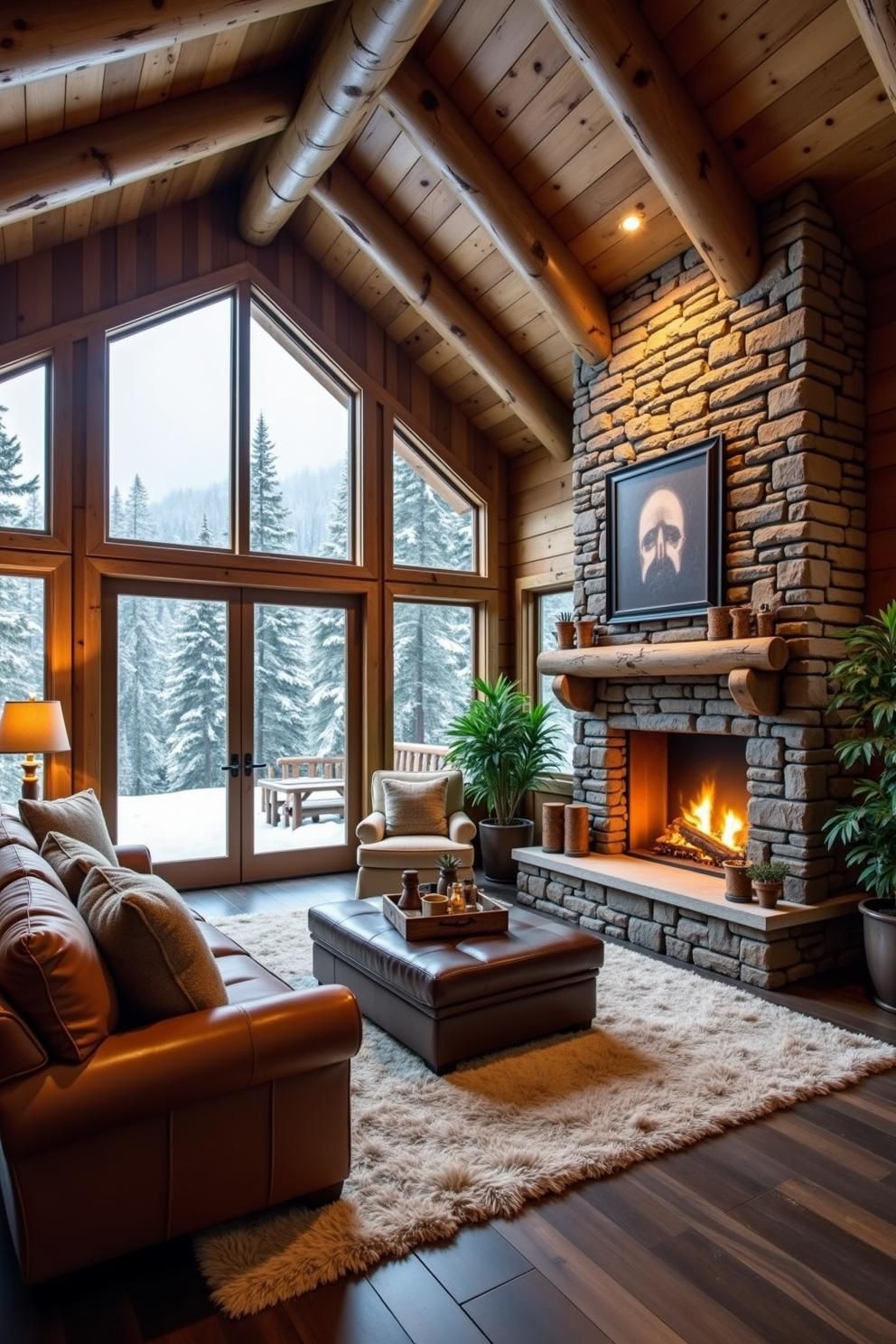 Cozy interior of a wooden cabin with a stone fireplace