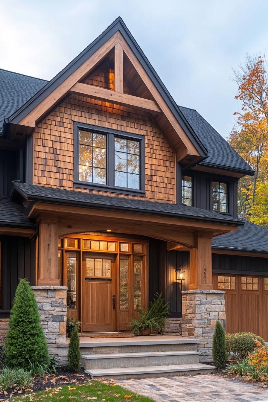 Warm, welcoming wooden façade with stone accents