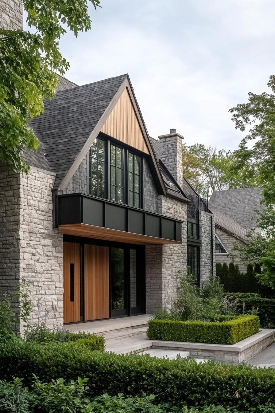 Contemporary stone cottage with sleek lines and greenery