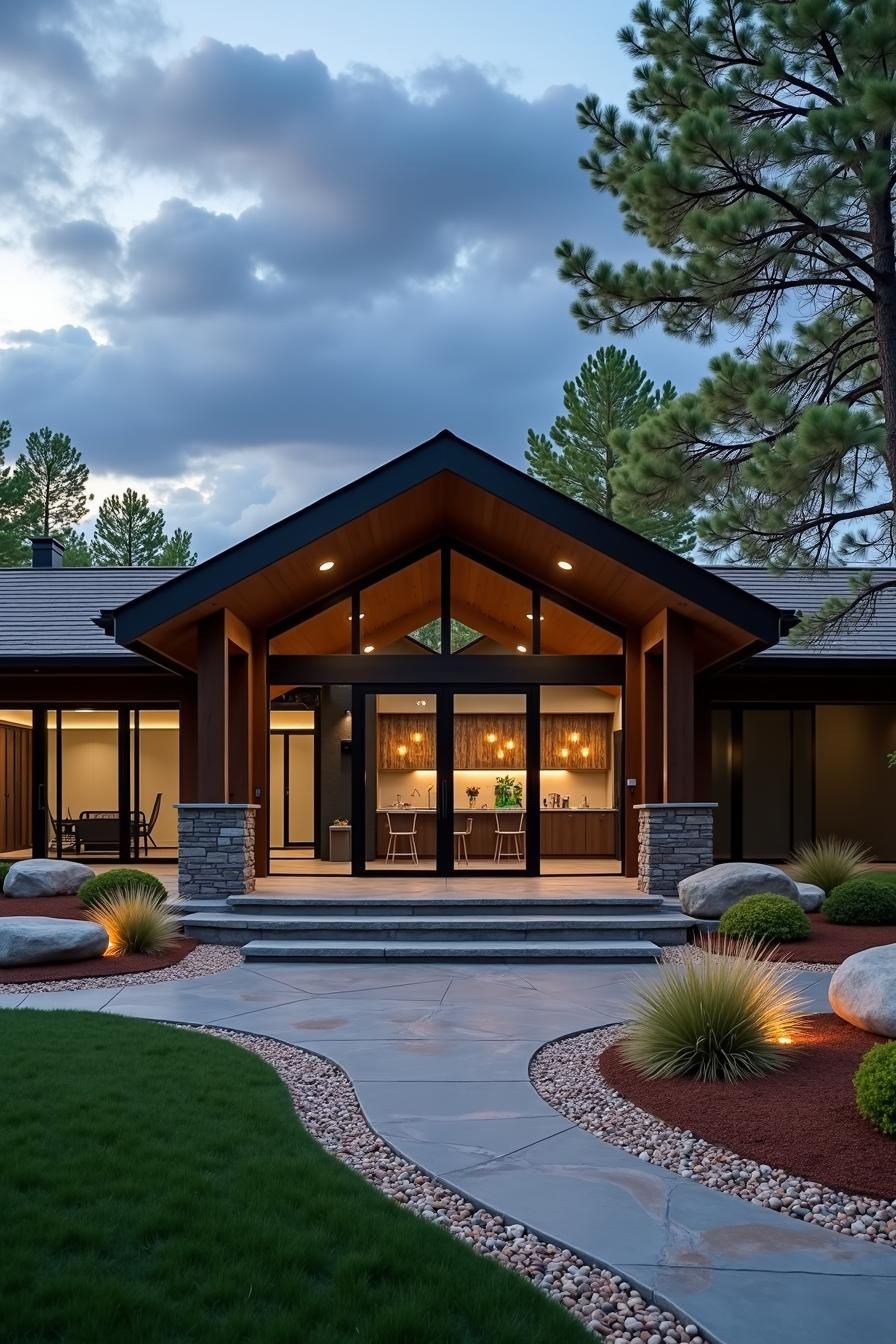 Modern ranch-style house with illuminated entrance