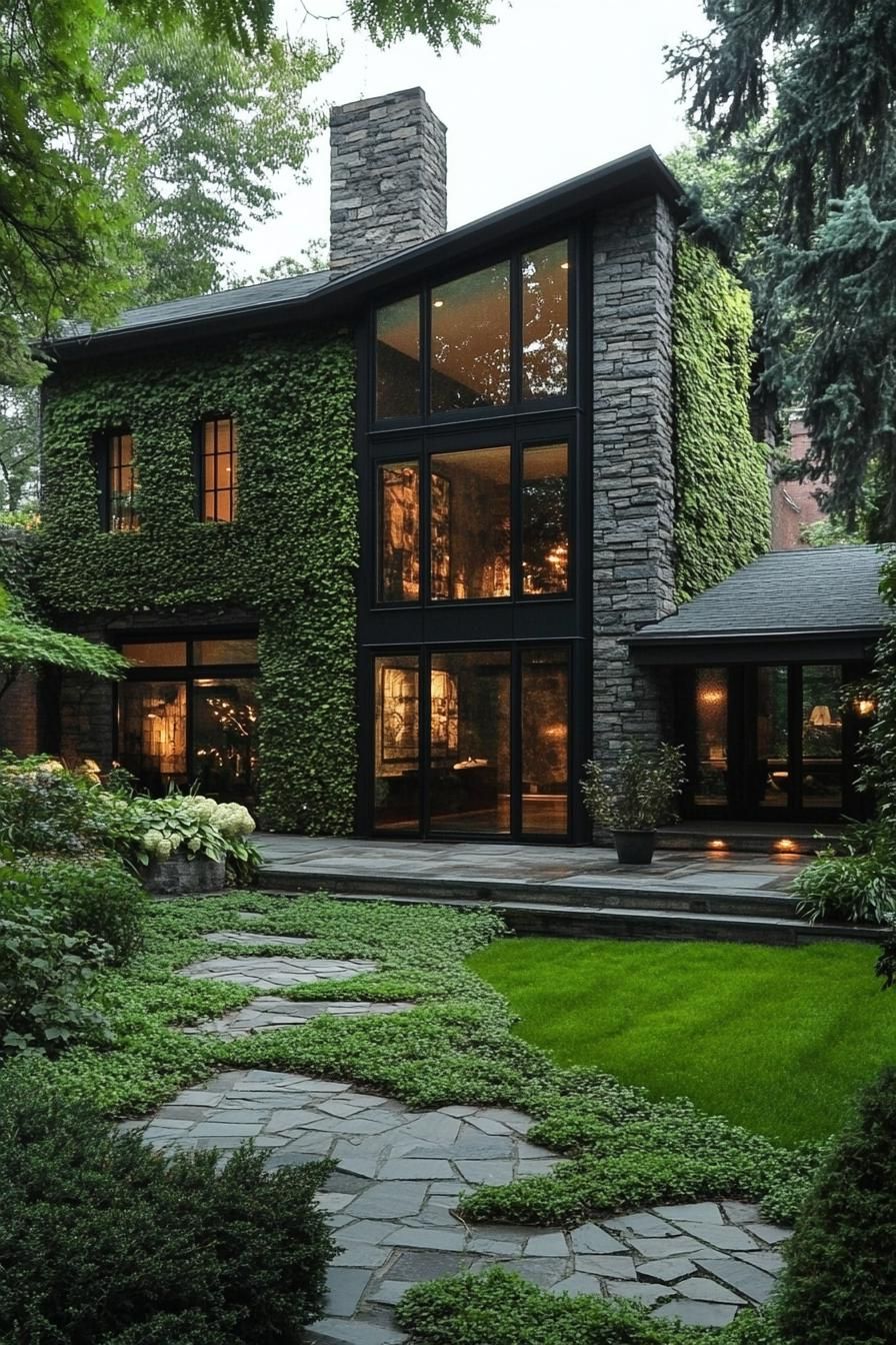 Cozy stone house with glass windows and lush exterior