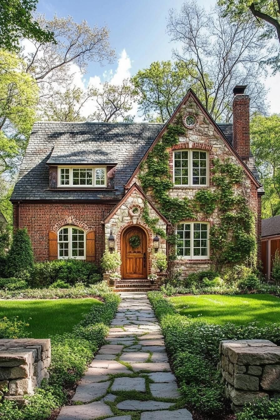 Charming brick cottage with arched wooden door and ivy