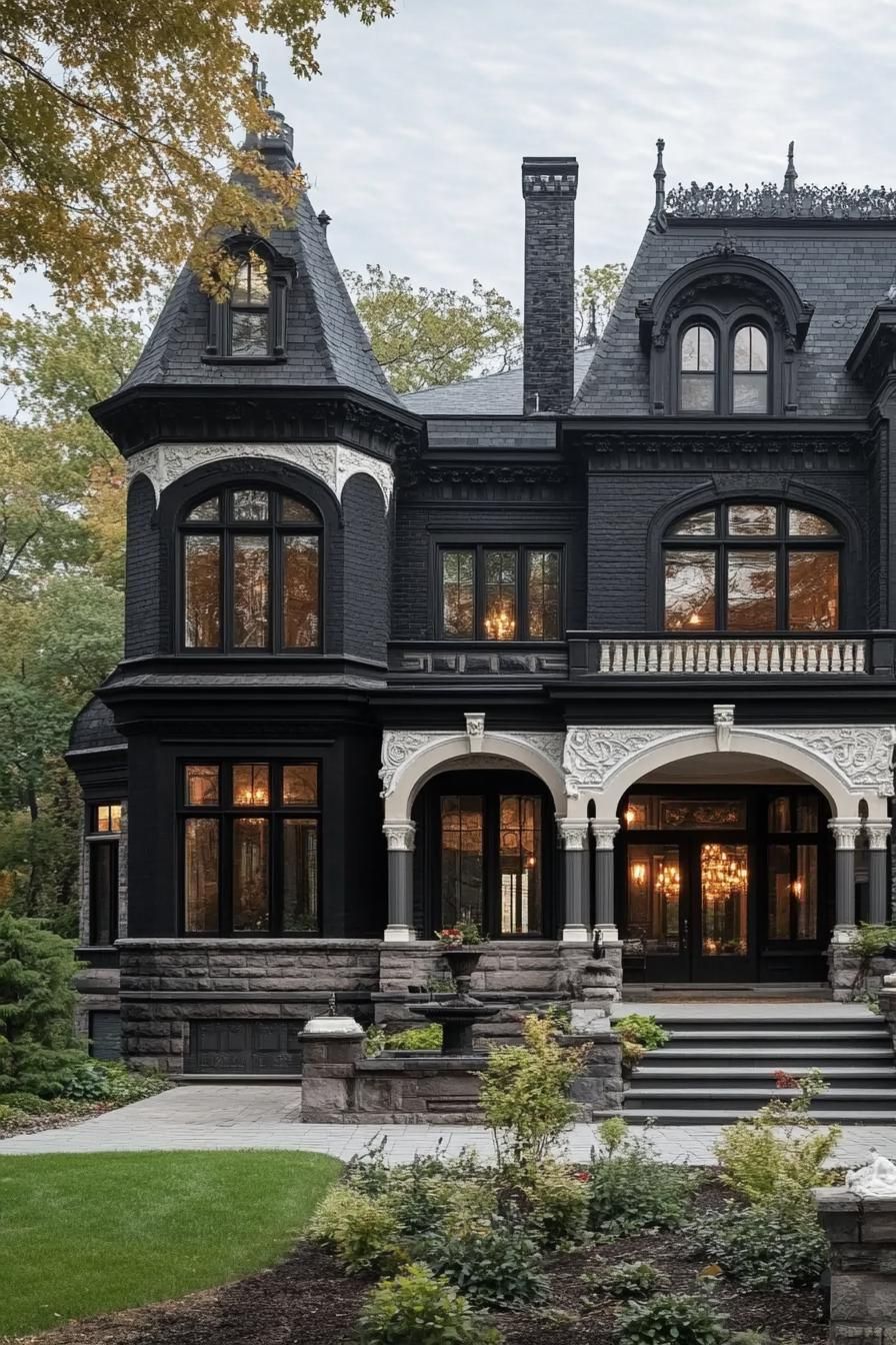 Victorian mansion with dark facade with white ornate embellishments arched wndows black roof with turrets 2