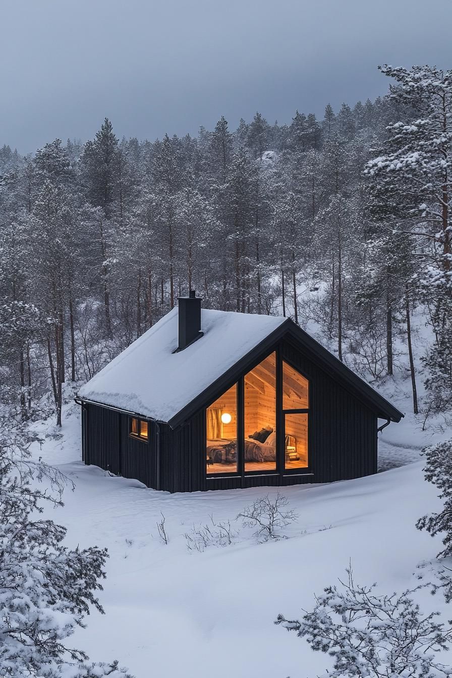 A cozy cabin nestled in a snowy forest