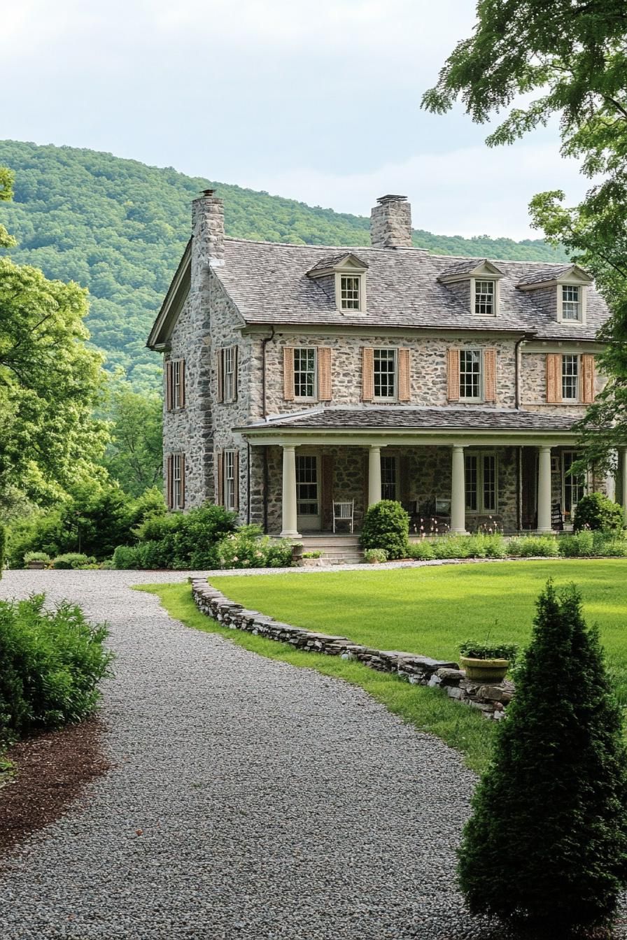 Grand stone house with pitched roof and columned porch