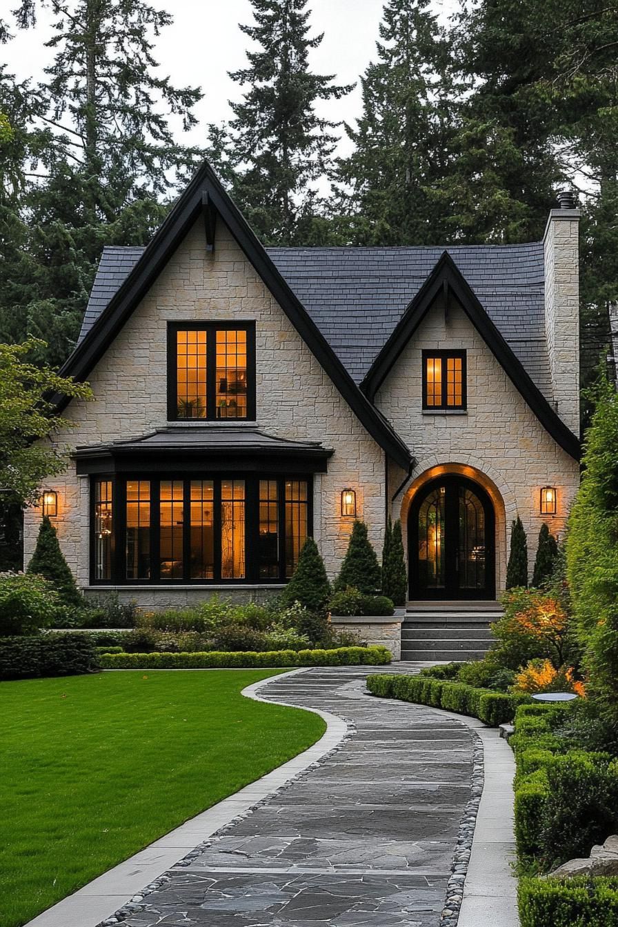 Stone house with illuminated windows and lush greenery