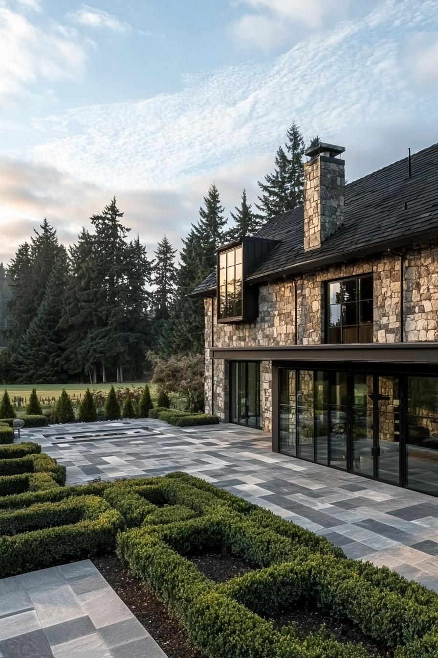 Grand stone manor with geometric garden and forest backdrop