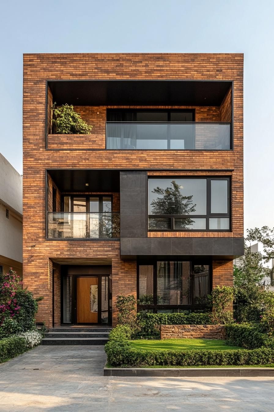 Modern brick house with large windows and greenery