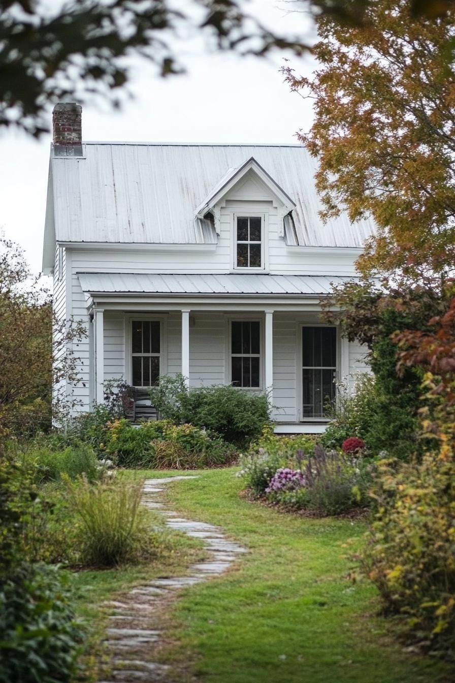 countryside farmhouse cottage in white siding grey roof front porch landscape with geometric shrubs an trees 2