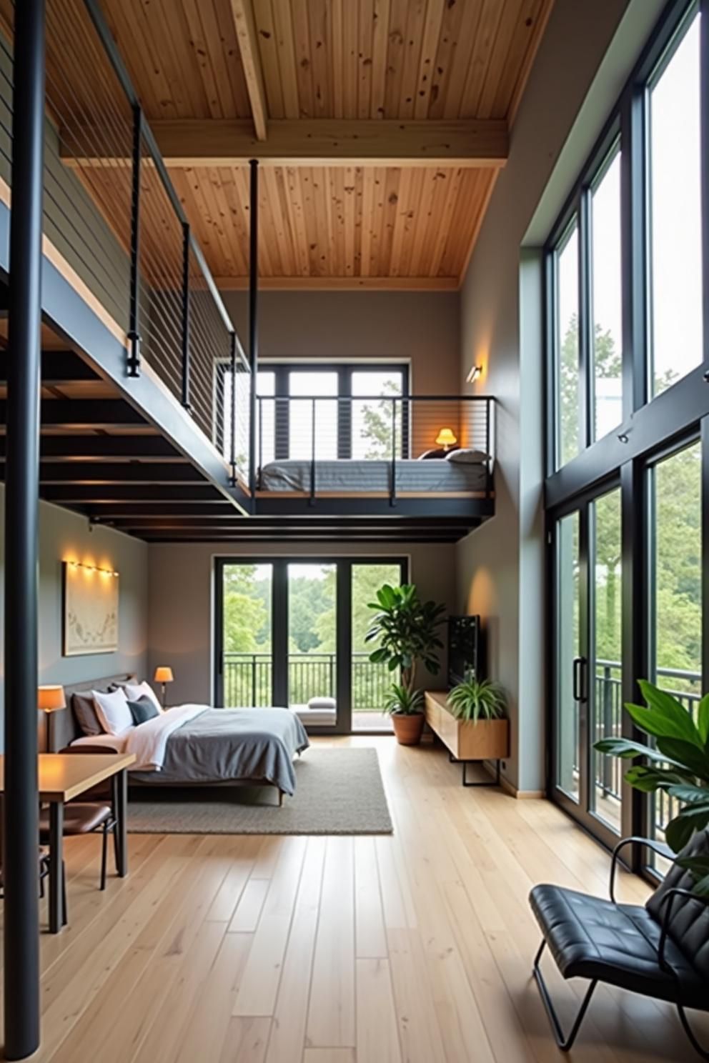 Spacious loft with wood accents and large windows