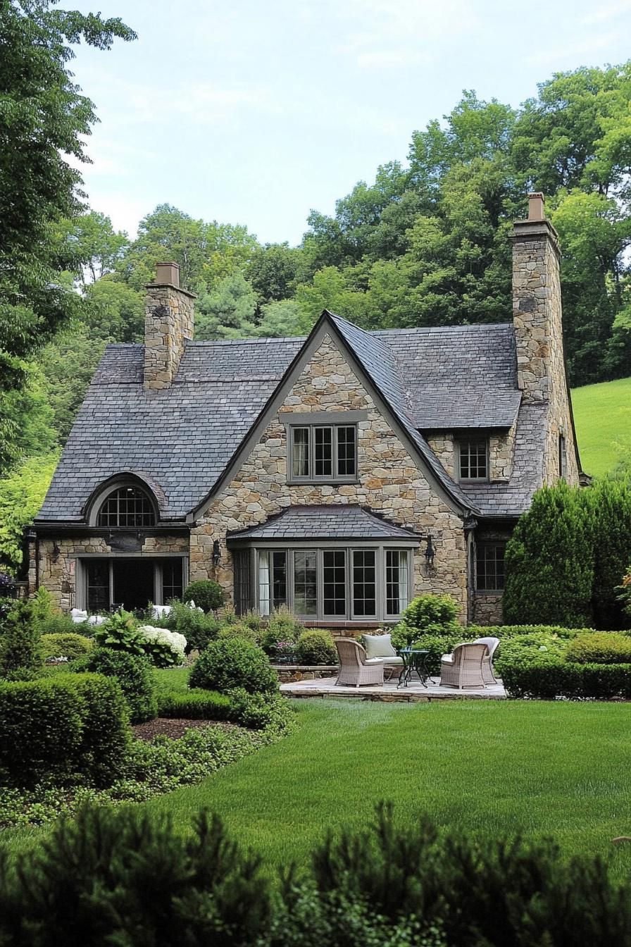 english country cottage with stone siding gabled roof with dormers and chimneys front yard garden lawn with garden furniture surrounded with bushes 2