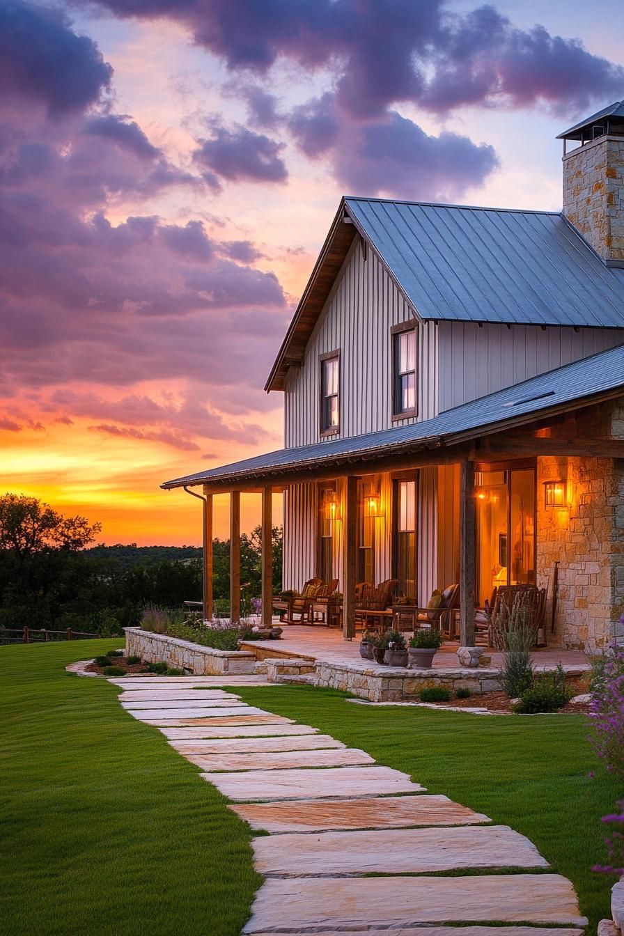 Charming barndominium with a sunset-lit porch