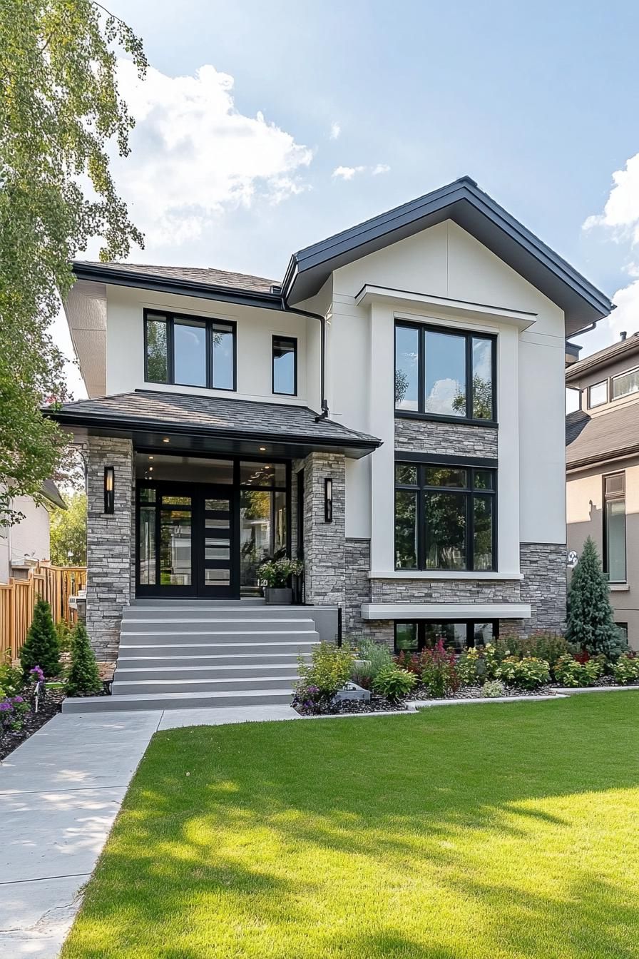 Modern home with stone and glass features, surrounded by greenery