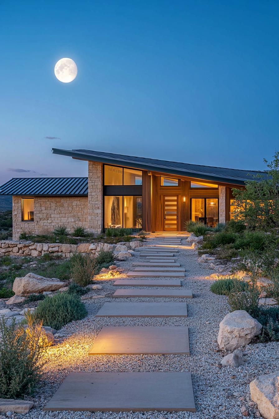 A modern ranch house with a wooden pathway and glowing lights, under a full moon