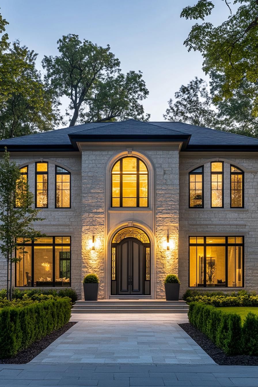 Illuminated stone house surrounded by trees