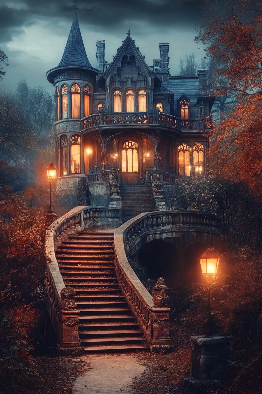 dark Vicotiran gothic mansion with large stairs vintage lamps ornate windows v 6.1