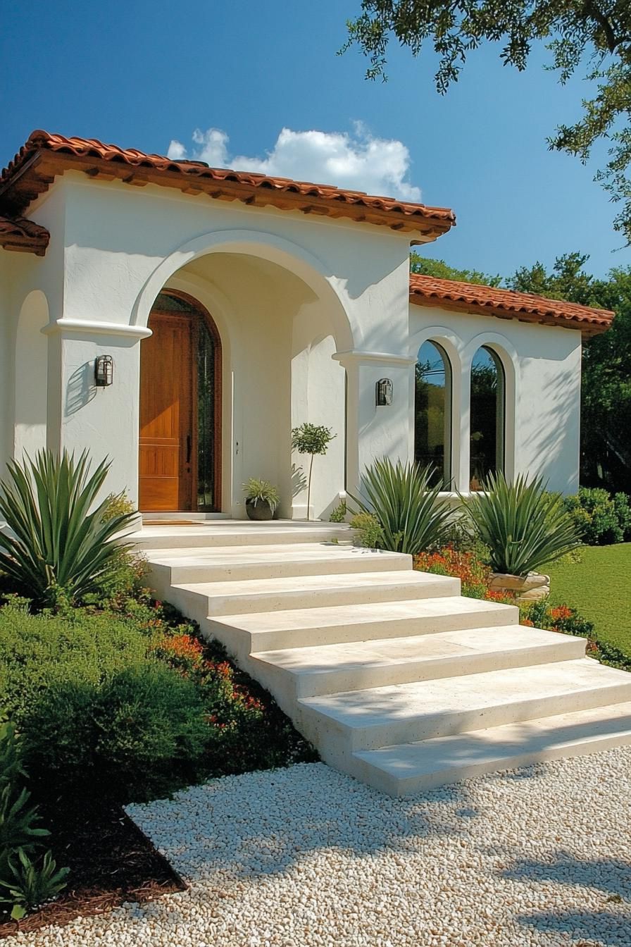 Pathway to a white Spanish bungalow with a red-tiled roof