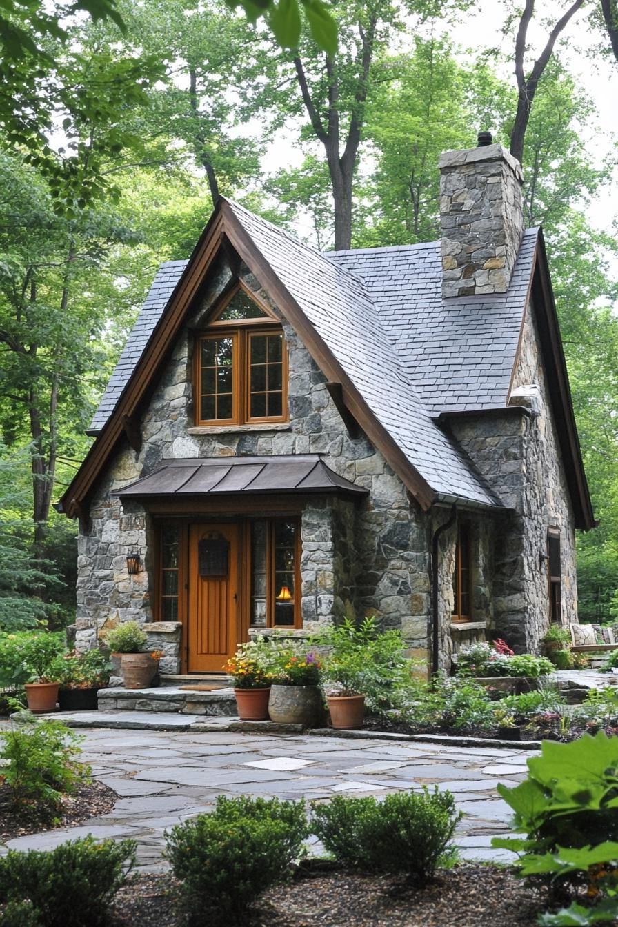 Rustic stone cottage with wood accents and lush garden