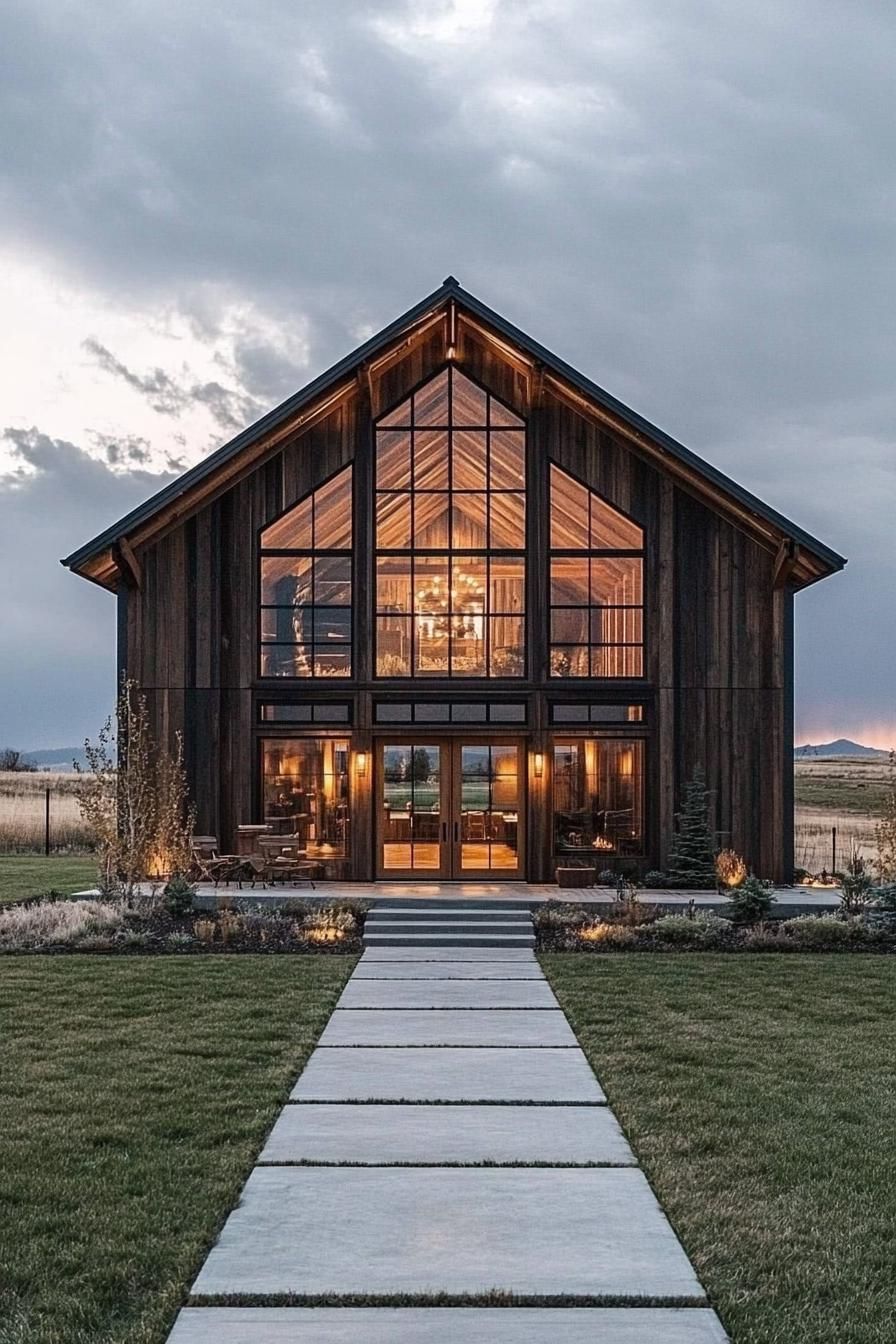 Barndominium showcasing large windows and soft lighting