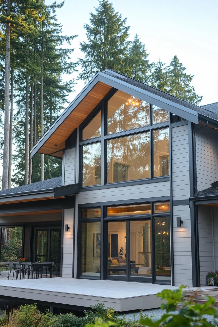 modern house with light grey timber cladding light grey wood decks large modern windows and glass doors with black trim gable roof without eaves 2