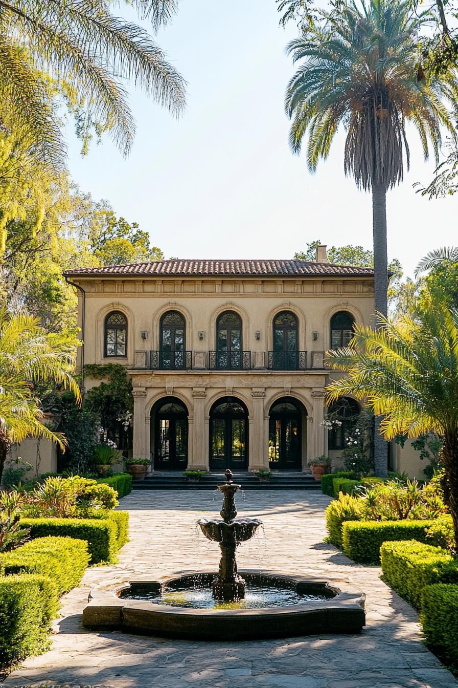 Two-story house with arched windows and a stone fountain