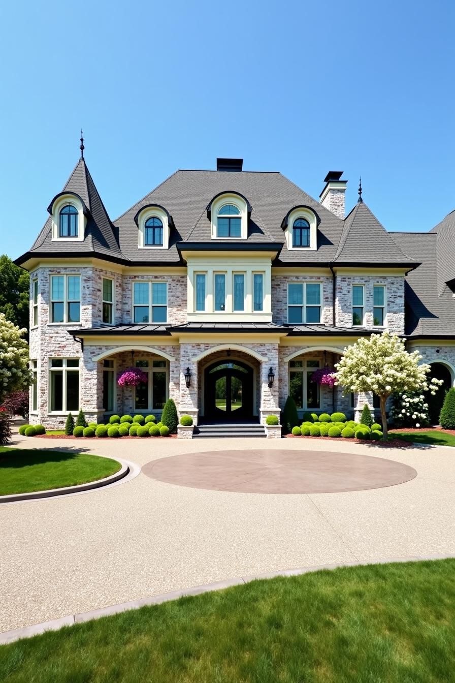 Elegant suburban mansion with turrets and manicured landscaping