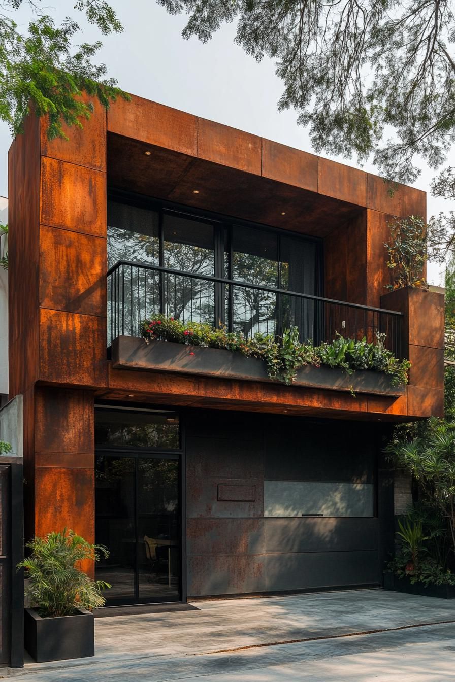 modern house geometric facade with rusted metal balcony planters 2