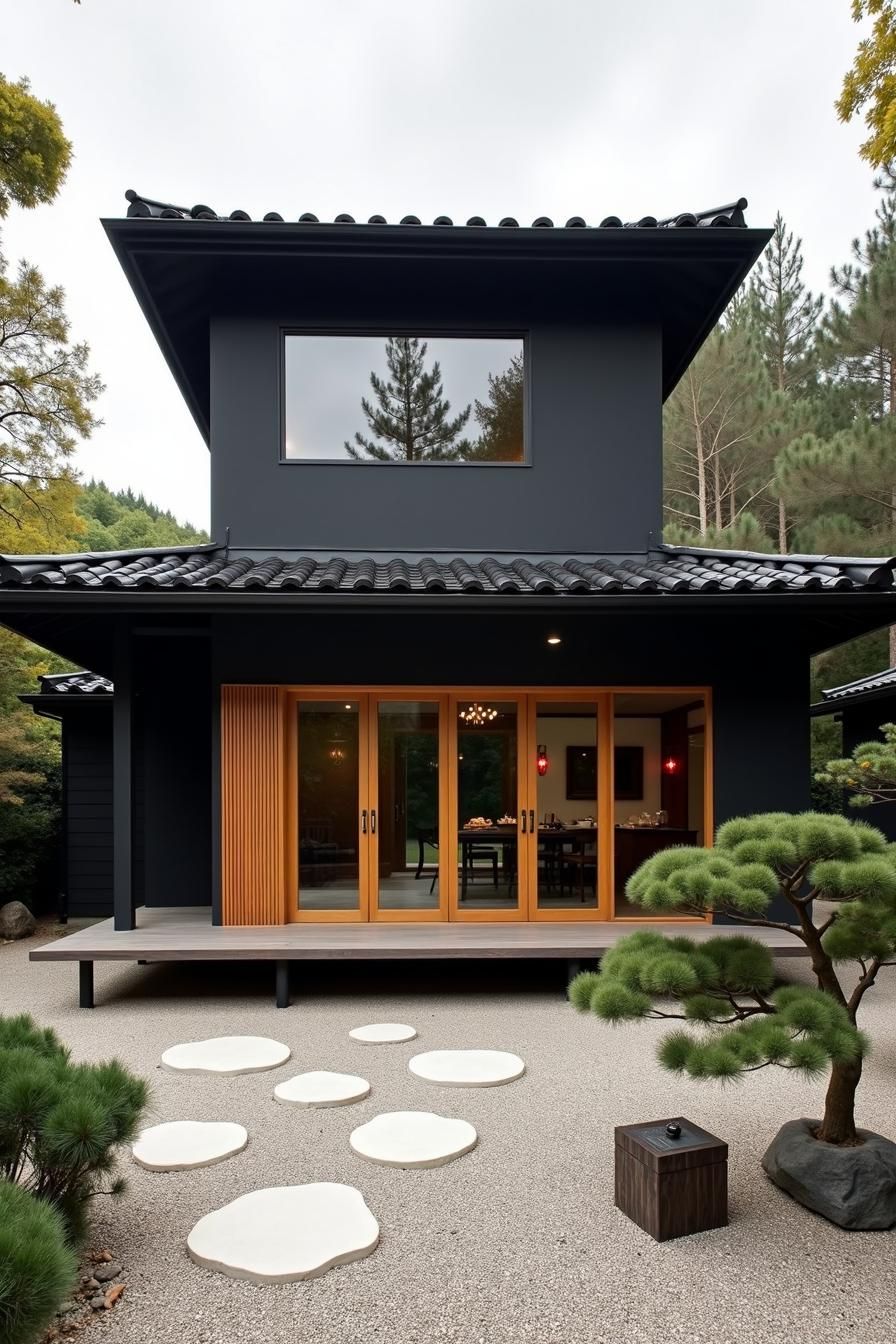 Contemporary black house with wooden accents and minimalist garden