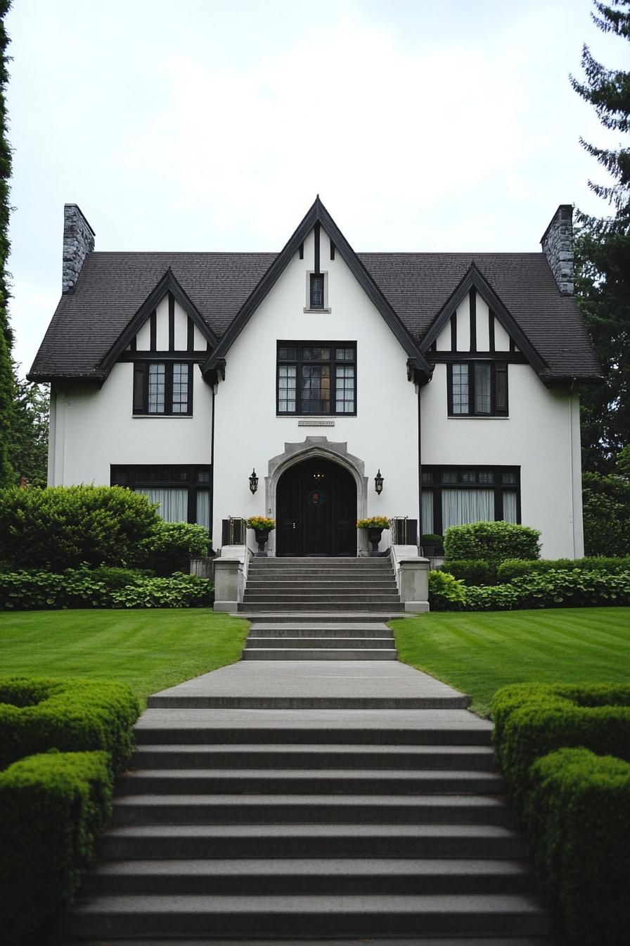 Modern Tudor house with a lush green lawn and dramatic gables