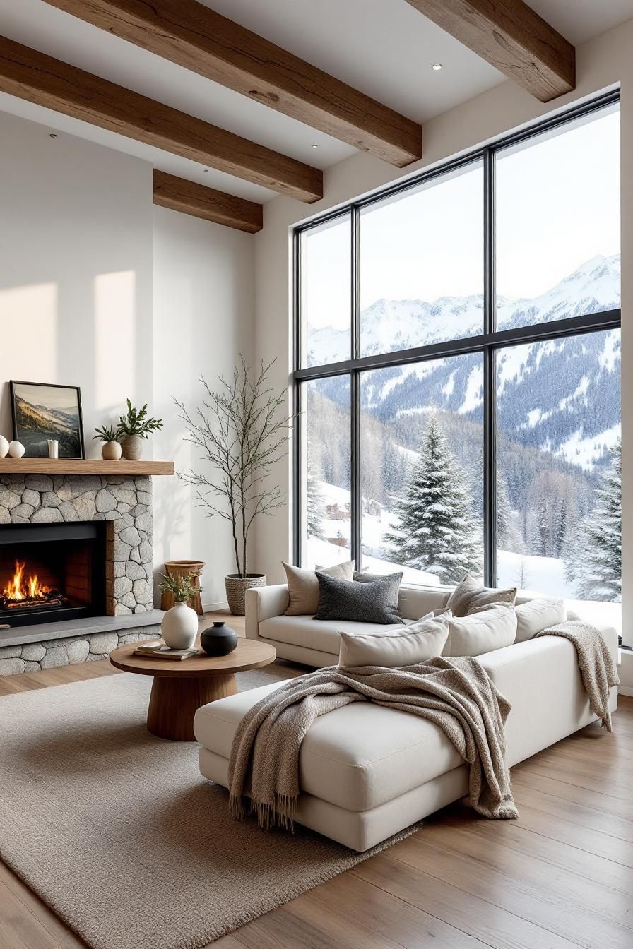 Sunlit modern cabin living room with mountain view