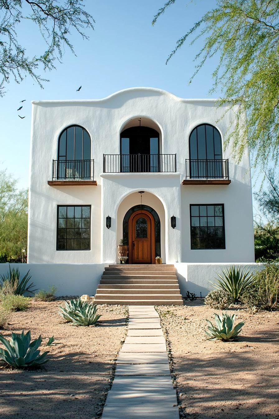 White stucco house with arched windows and desert landscaping