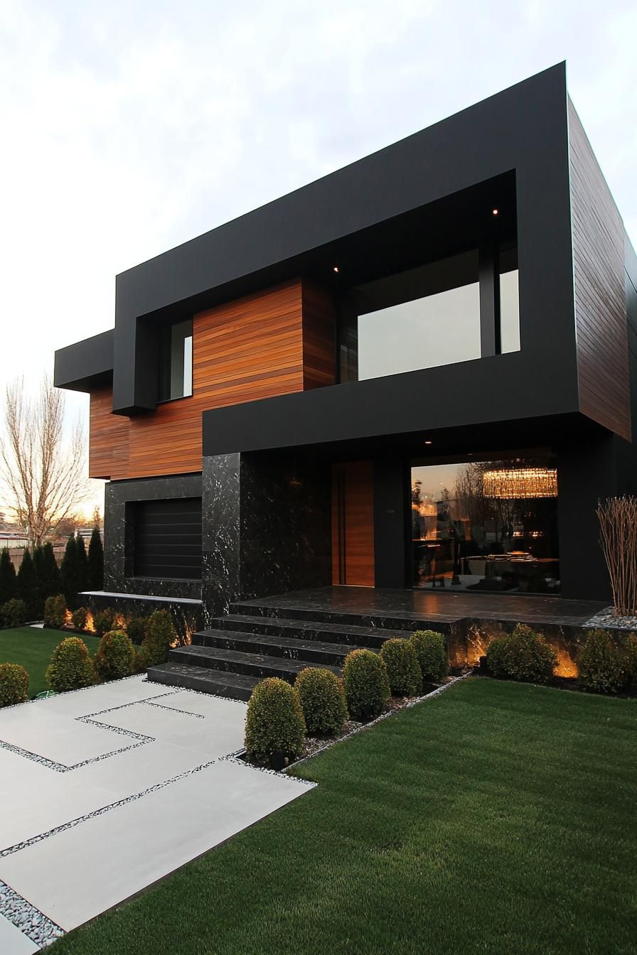 modern black villa with dark wood accent panels large front granite slab feature wall large front paved yard with geometric shrubs 3