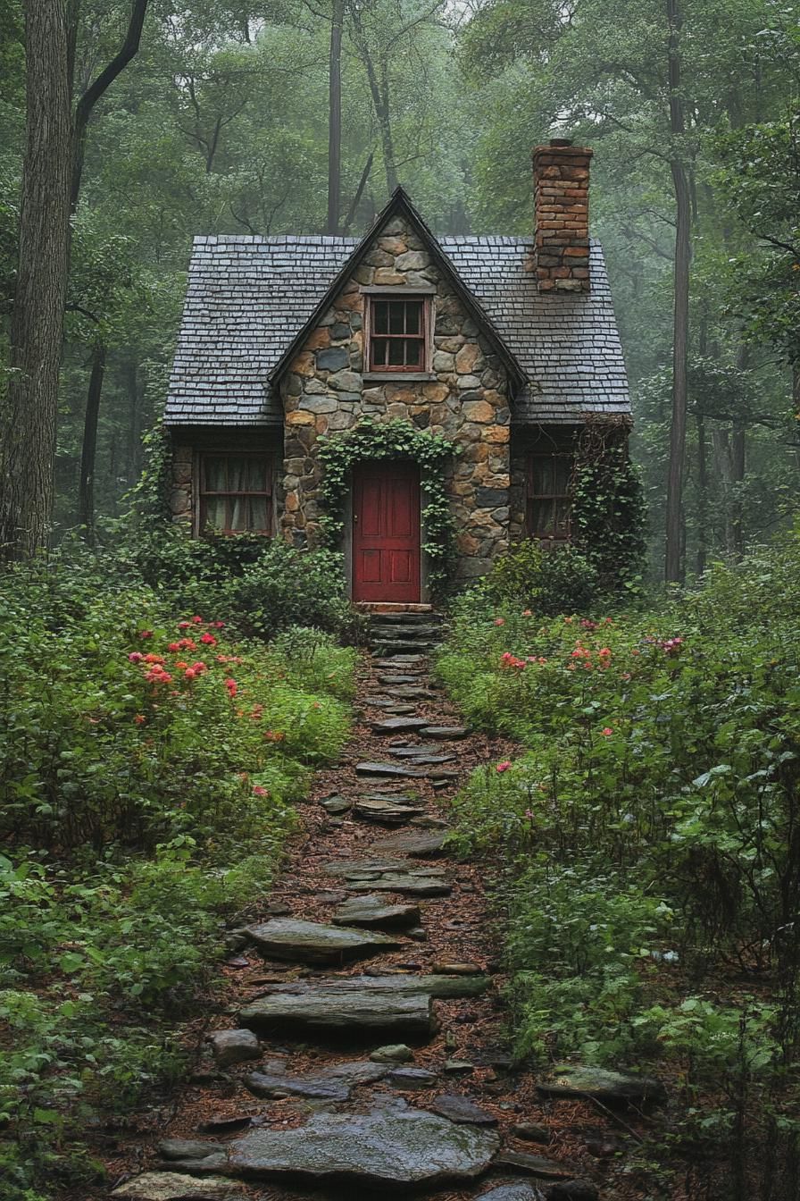 A quaint stone cottage nestled in a lush forest