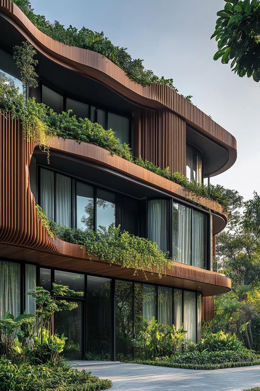 Modern building with curved wooden facade and greenery